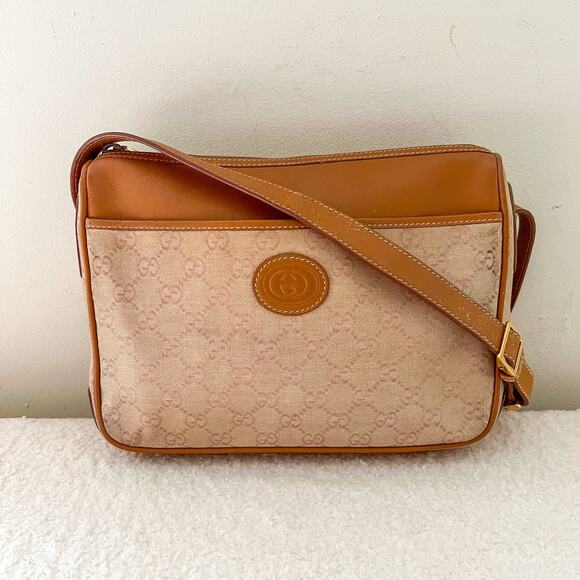 Vintage GUCCI Tan Leather and Canvas Crossbody Bag - Picture 1 of 13